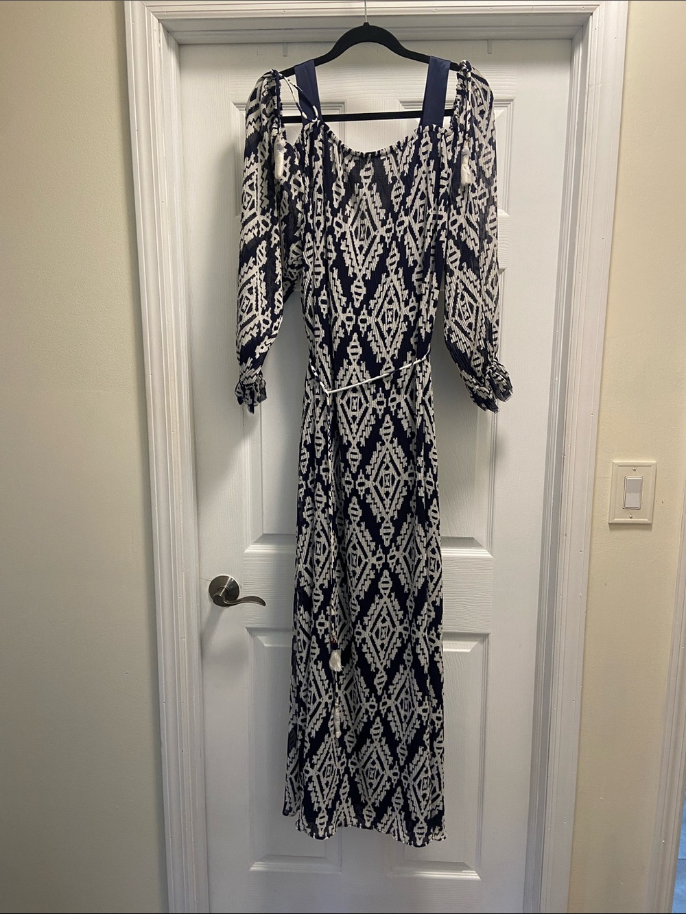 Tory Burch Navy and White Printed Off-Shoulder Maxi Dress